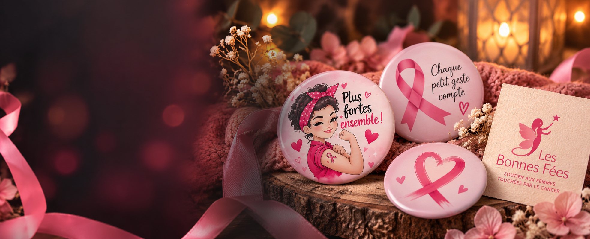 Badges Octobre rose « Plus fortes ensemble » et « Chaque petit geste compte », à côté d’une carte de l’association Les Bonnes Fées